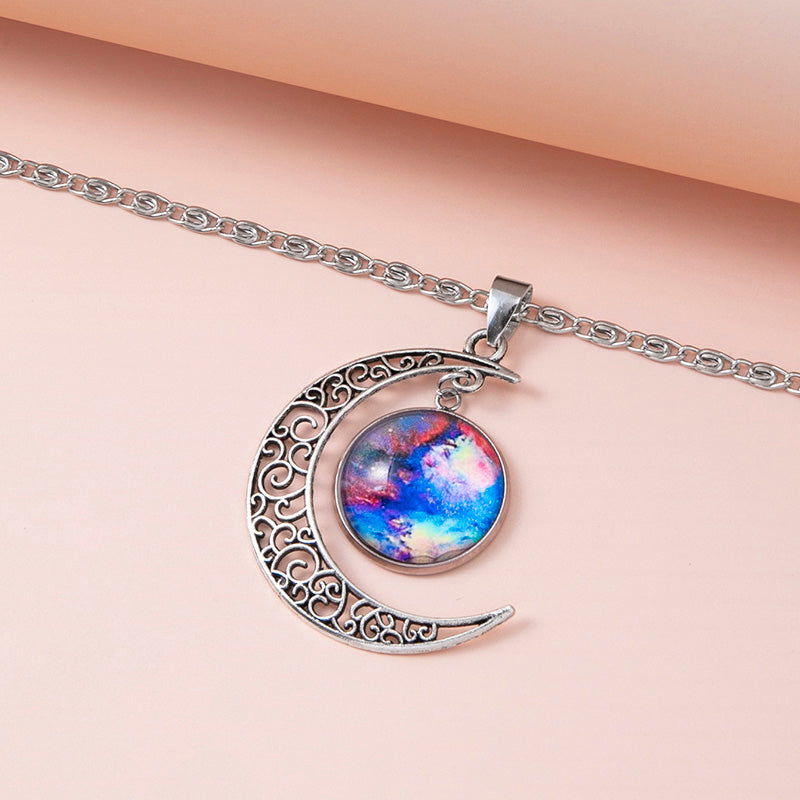 KAVİO Galaxy Planet Star Glass Necklace Silver Hollow Moon Pendant Statement Necklaces For Women