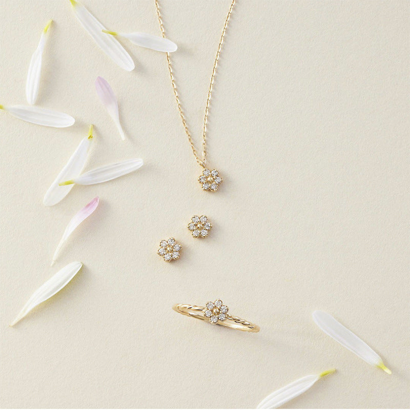 KAVİO Fresh Sweet And Simple Flower Set Sterling Silver Ring Necklace