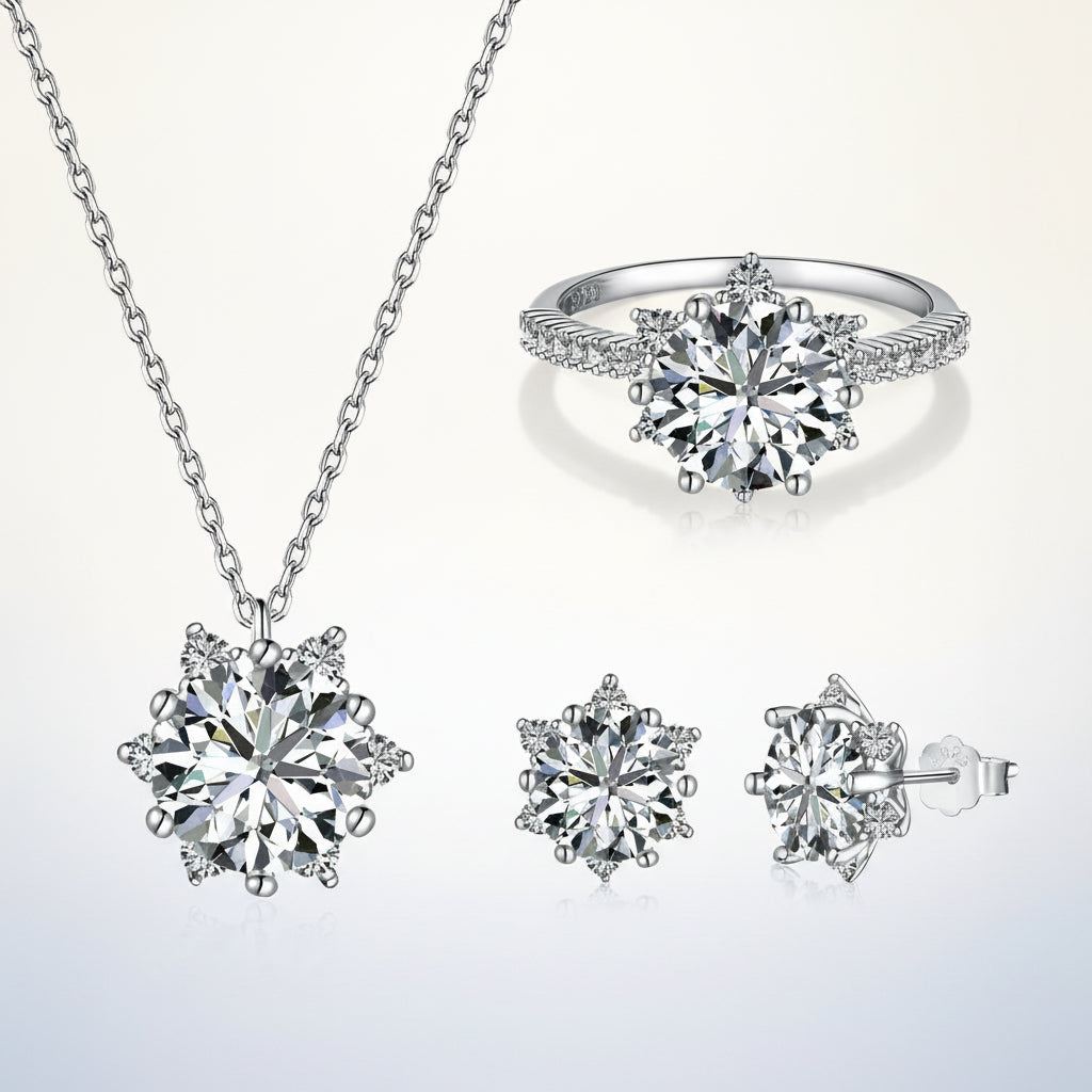 KAVİO Set S925 Sterling Silver Ornament Snowflake Zircon Ring Light Luxury Clavicle Chain  Earrings