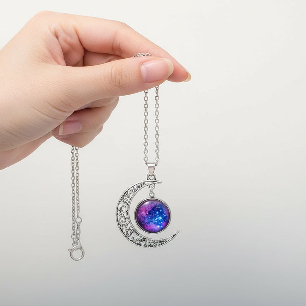 KAVİO Galaxy Planet Star Glass Necklace Silver Hollow Moon Pendant Statement Necklaces For Women