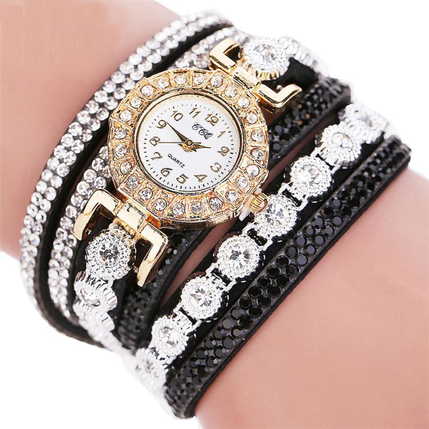KAVİO Relogio masculino Women Quartz Women PU Leather Rhinestone Watch Bracelet Watches