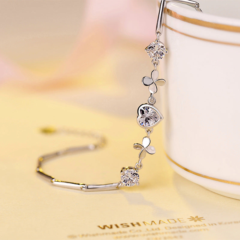 KAVİO The Qixi Festival Valentine Jewelry S925 Sterling Silver Bracelet Fashion Jewelry Silver Bracelet New Heart-shaped Clover