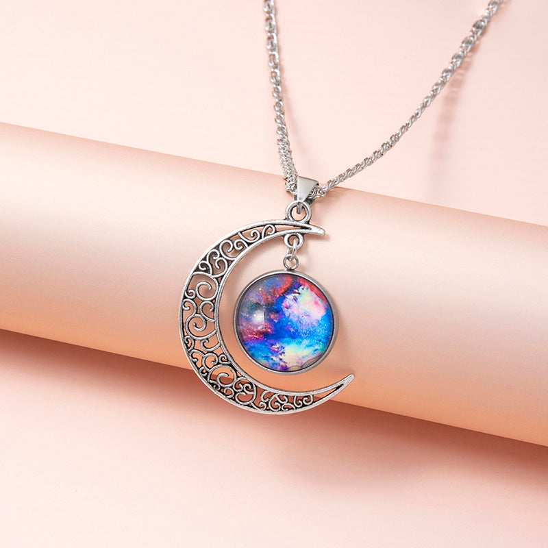 KAVİO Galaxy Planet Star Glass Necklace Silver Hollow Moon Pendant Statement Necklaces For Women