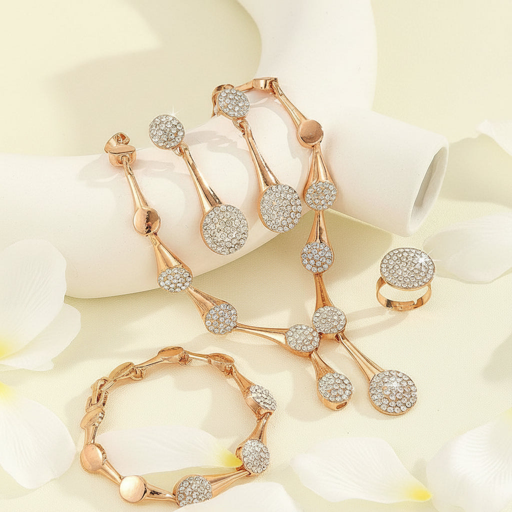 KAVİO Fashion Exquisite Gold Diamond Necklace And Earrings Suite