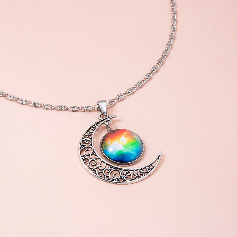 KAVİO Galaxy Planet Star Glass Necklace Silver Hollow Moon Pendant Statement Necklaces For Women