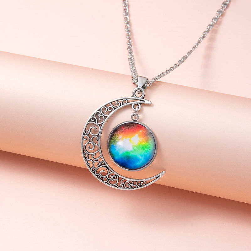 KAVİO Galaxy Planet Star Glass Necklace Silver Hollow Moon Pendant Statement Necklaces For Women