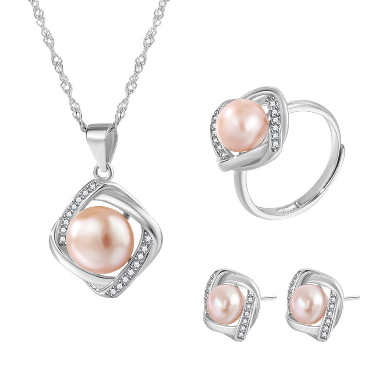KAVİO Inlaid Pearl Necklace Pendant S925 Silver Set Women's Earrings Ring Silver Accessories
