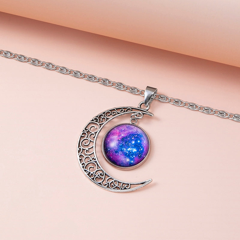 KAVİO Galaxy Planet Star Glass Necklace Silver Hollow Moon Pendant Statement Necklaces For Women