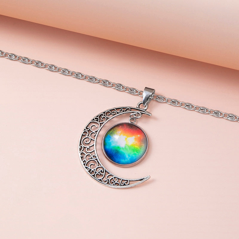 KAVİO Galaxy Planet Star Glass Necklace Silver Hollow Moon Pendant Statement Necklaces For Women