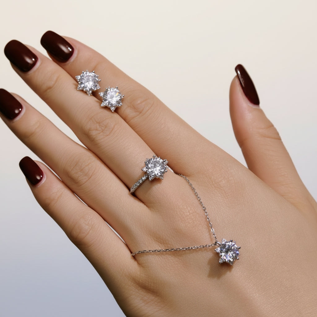 KAVİO Set S925 Sterling Silver Ornament Snowflake Zircon Ring Light Luxury Clavicle Chain  Earrings